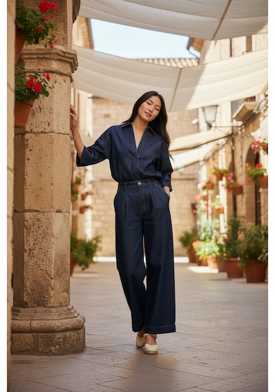 Stilkusagi Kadın Truvakar Kol Denim Gömlek Pileli Jean Pantolon İkili Takım Lacivert