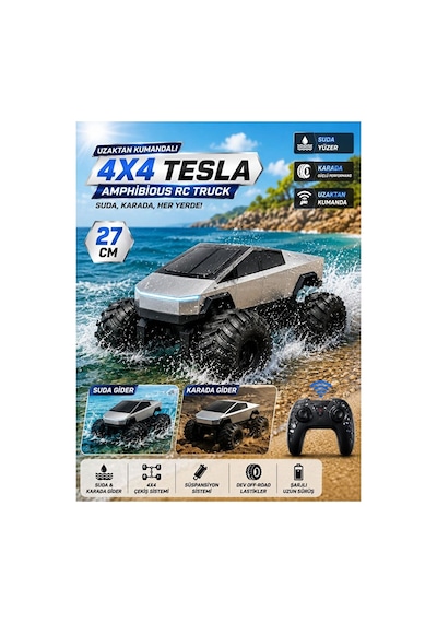 Uzaktan Kumandalı 4x4 Amfibi Tesla Cybertruck Rc Araba 27cm Kumandalı Tesla Gri - Gümüş