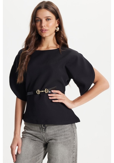 Tudors Kadın Slim Fit Dar Kesim Kol Detaylı İnce Kemerli Fermuarlı Siyah Bluz Gömlek-50758
