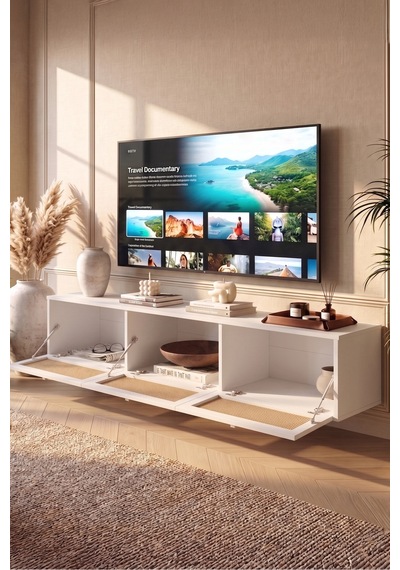 Dune Tv Ünitesi Sehpası Duvara Monte 3 Ahşap Jüt Kapaklı 180cm Beyaz-jüt Dn1-wj