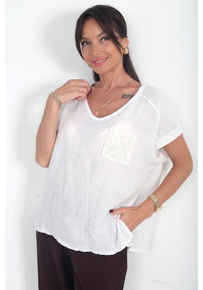 By Saygı Kadın İtalyan Cotton V Yaka Örgü Dantel Tek Cepli Oversize Keten Bluz Ekru