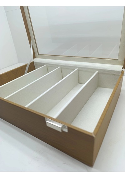 Cam Kapaklı Deri Kumaş Kahve-beyaz Renk 34 Cm / 24 Cm 5 Bölmeli Gözlük Sergileme Standı