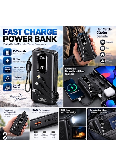 İphone 17 Uyumlu 20000 Mah Powerbank 22.5w Hızlı Şarj 4 Dahili Kablolu Led Fenerli Dijital Göstergeli Siyah