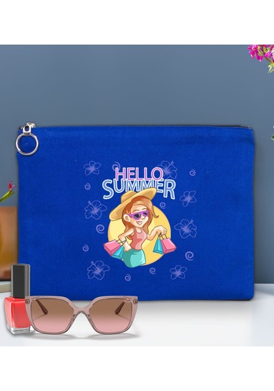 Bk Gift Yaz Temalı-2 Astarlı Mavi Portföy Çanta 30x21cm, Baskılı El Çantası, Organizer Çanta