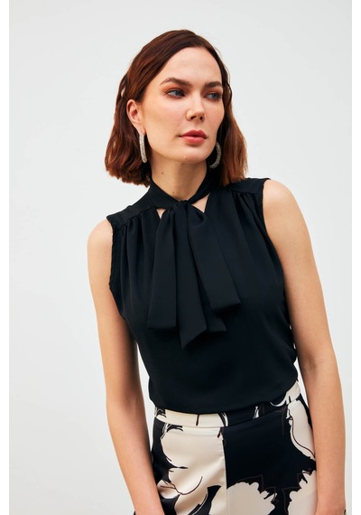 Sateen Fularlı Kolsuz Bluz - Siyah-132834