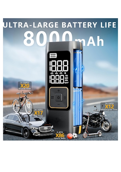 Akü Takviye Jump Starter 8000mah Araç Marş Basma Cihazı Takviye Kompresör Lastik Şişirme Hava Pompası