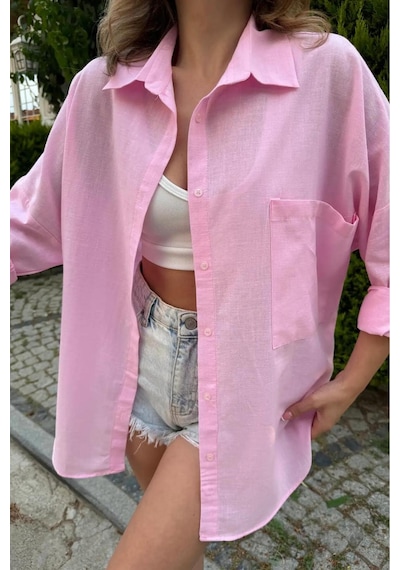 Rouge Basıc Oversize Keten Dokulu %100 Pamuk Salaş Gömlek Pembe