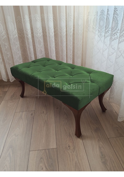 Kapitoneli Ayak Ucu Kapı Önü Antre Bench Puf Ceviz Ayak 120 45 Yeşil