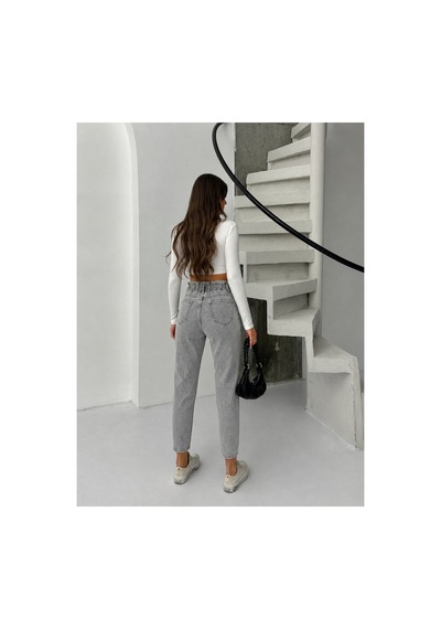 Bluemarlin Gri Çift Düğme Kemer Büzgülü Kot Mom Jeans Gri