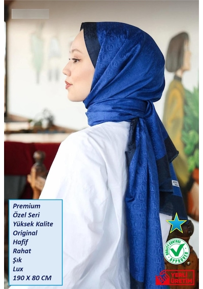 Premium Lux Original Monogram Şal İpek Vual, Yüksek Kalite, Hafif, Rahat, Şık, Tesettür, Shawl Saks Mavi Lacivert Şeritli