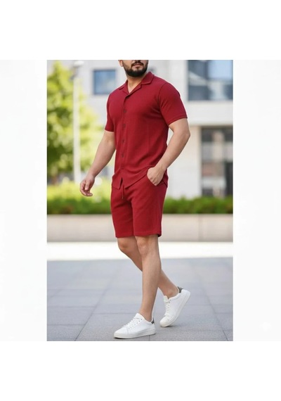 Erkek Waffle Kumaş Kısa Kollu Gömlek Ve Şort İkili Takım Regular Fit Bordo Erkek Waffle Kumaş Kısa Kollu Gömlek Ve Şort İkili Takım Regular Fit Bordo