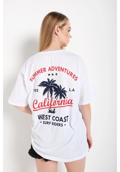 Startmore Kadın Beyaz Oversize California Baskılı T-shirt Beyaz