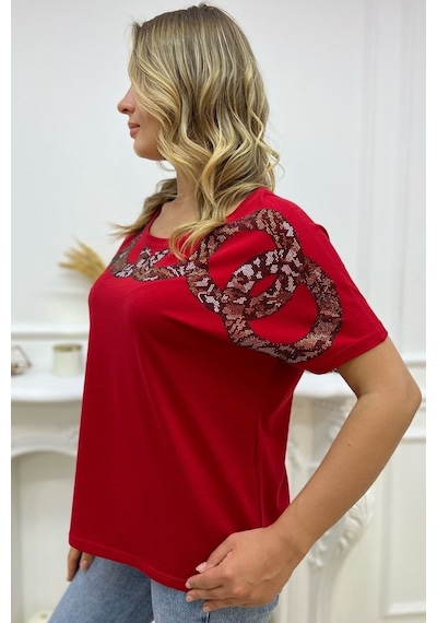 Rich Glam Bol Kalıp Leopar Crystal Taşlı Büyük Beden Kırmızı Şık Rahat Kadın T-shirt Kırmızı