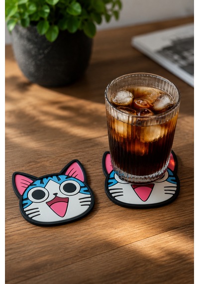 Kemboss Neşeli Mavi Kedi Bardak Altlığı 2'li Set - Pvc Kaydırmaz Bardak Altlığı Açık Mavi