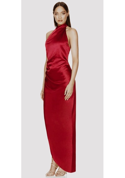 Hanife Glam Couture Hanife Glam Halter Yaka Asetat Saten Elbise Kırmızı