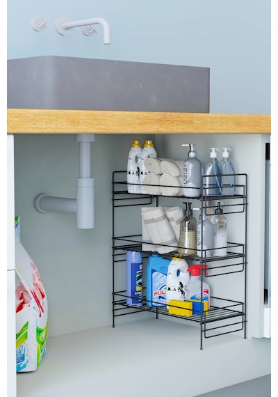 3 Katlı Evye Tezgah Altı Raf Banyo Mutfak Dolabı Çok Amaçlı Düzenleyici Deterjanlık Organizer 35x15 Siyah