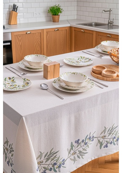 Olive Keten Masa Örtüsü-7529 Çok Rekli