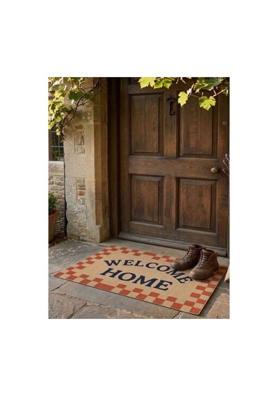 Welcome Home Ekoseli Retro Tasarım Dekoratif Kapı Önü Paspası 40x60 Cm Çok Renkli