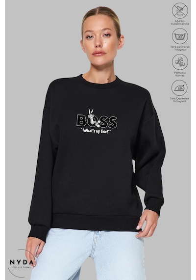 Unisex Bugs Bunny Baskılı Bisiklet Yaka Kapüşonsuz Şardonlu Oversize %100 Pamuk Penye Sweatshirt Siyah