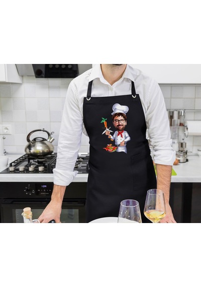 Bk Gift Kişiye Özel Erkek Chef Karikatürlü Profesyonel Siyah Mutfak Önlüğü, Aşçı Önlüğü, Şef Önlüğü, Arkadaşa -8 Siyah