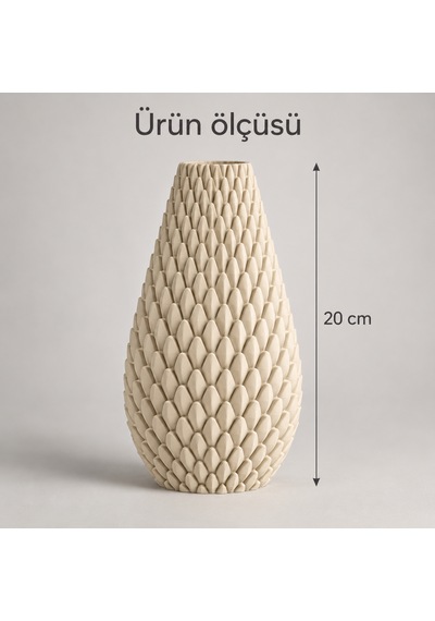 Kabartma Desenli Dekoratif Vazo 20 Cm Modern Tasarım Bej