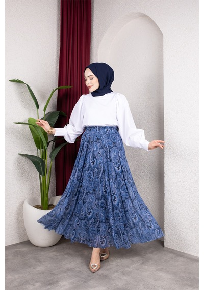 Hira Life Fashion Asimetrik Kesim Etnik Desen Astarlı Tül Tesettür Etek Mavi Mavi