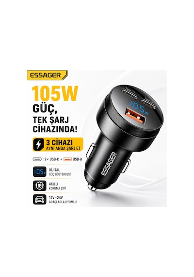 Essager 105w Araç İçi Hızlı Şarj Cihazı 3 Port 2 Type-c Usb Pd Dijital Ekranlı Çakmaklık Adaptörü