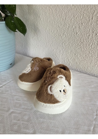Kadın Ayıcık Desenli Rahat Peluş Ev Terliği 25bnt132 Camel