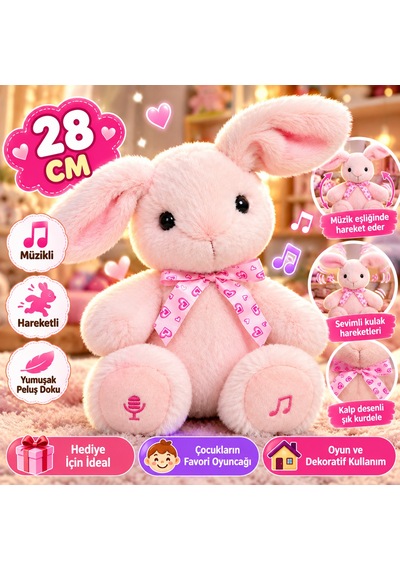 28 Cm Müzikli Hareketli Tavşan Peluş Oyuncak Pembe