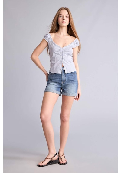 Defacto %100 Pamuk Mom Fıt Yüksek Bel Crop Fit Jean Şort H0596ax26hsnm34 Mavi-nm34