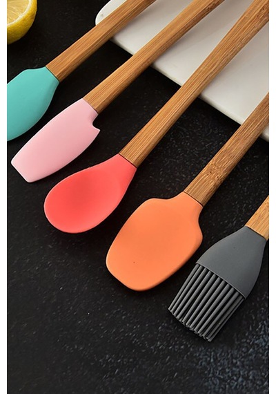 5 Parça Mini Silikon Spatula Kaşık Fırça Seti - High Quality - Bambu Saplı Karışık