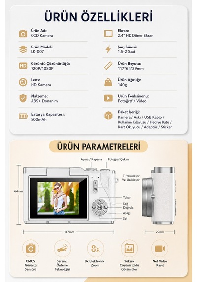 4k Ultra Hd Dijital Fotoğraf Makinesi 64mp, 18x Dijital Zoom, 180 Döner Ekran, Selfie & Vlog Kamerası