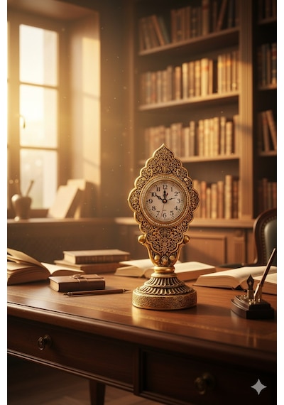 Nostaljik Vintage Taş İşlemeli Kabartmalı Lüks Altın Renk Dekoratif Salon Ve Ofis Masa Saati 29 Cm Gold