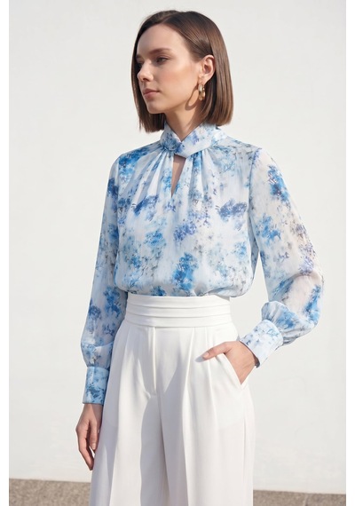 Sateen Çiçek Desenli Bluz - Mavi-137402