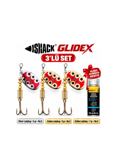Fishack Glidex 3'lü Döner Kaşık Seti + Klima Bombası - Silver Ladybug 5 Gr No:2 + Golden Ladybug 5 Gr No:2 + Golden Ladybug 7 Gr No:3