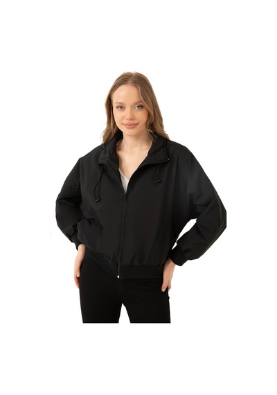 Spor Kadın Dik Yaka Su Ve Rüzgar Geçirmez Oversize Crop Mevsimlik Yağmurluk Rüzgarlık-133 Siyah