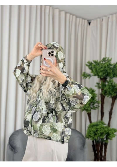 On Fashion Kapüşonlu Desenli Fermuarlı Kadın Yeşil İnce Mont 52704 Yeşil