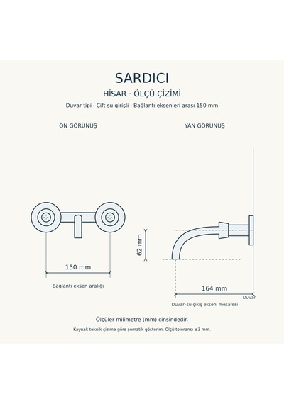 Sardıcı Hisar Krom Duvar Tipi Sabit Lavabo Bataryası Çift Su Girişli Dirsek Rozet Takımı Dahil