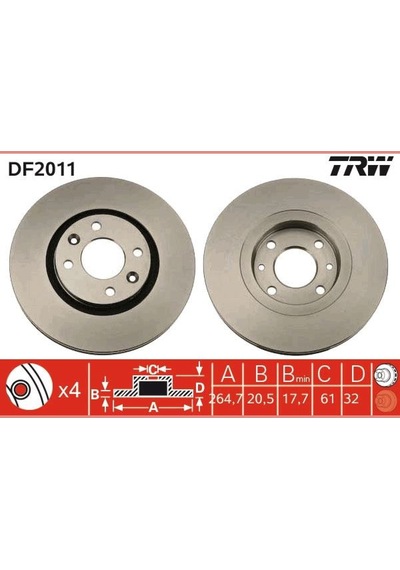 Ön - 253 - Fren Aynası R21 2.0-2.0 İe-2.2 İe 86-94 -cncrd 2.0ie 2.1 D Turbo - Dpmıx-hb - 90 264.7x20.5x4dlxhavalı Ön Fren