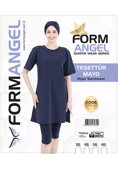 Form Angel Kadın Düz Renk Büyük Beden Kısa Kollu Likralı Tesettür Mayo Lacivert