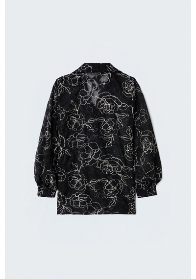 Sateen Nakış Detaylı Gömlek - Siyah-137497