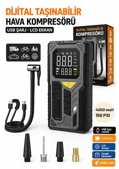Şarjlı Dijital 4000mah 150 Psı Hava Pompası Araç Lastik, Bisiklet, Top Şişirme Hava Kompresörü 0 - 150 Psı 0 - 10 Bar