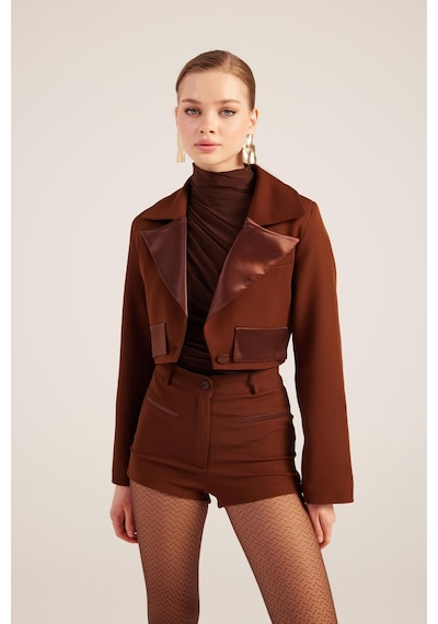 Holly Lolly Yakası Saten Detaylı Camila Crop Blazer Ceket Kahve
