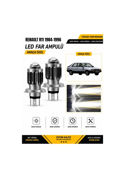 Renault R11 1984-1996 H4 Led Far Ampulü Beyaz Işık Canbus Mini Lensli 2'li Set