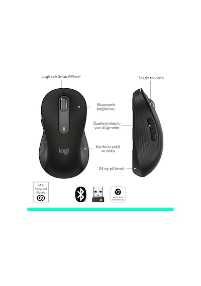 Signature M650 Kablosuz Mouse, Küçük Ve Orta Boy Sağ El İçin, 4000 Dpı, Sessiz, Bluetooth, Logi Bolt Usb Alıcı, 24 Ay Pil Ömrü, Siyah