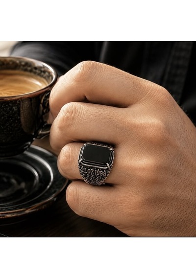 Simurg Jewellery 925 Ayar Gümüş İsimli Oniks Taşlı Erkek Yüzük
