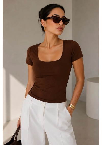 Bb Butik Basic Soft Touch Kare Yaka Body Tulum Astarlı Md3535 Kahverengi
