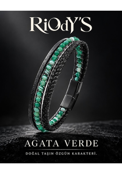 Riody's Agata Verde Erkek Bileklik Doğal Yeşil Akik Taşlı Siyah Deri Çelik Kilit Siyah - Yeşil