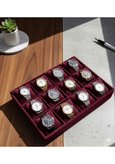 12 Bölmeli Ahşap Üzeri Baby Face Kumaş Saat Ve Takı Standı - Organizeri Ebat 35x24x5 Cm Bordo