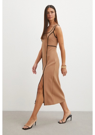 Şeritli Yırtmaç Detaylı Slip Dress Tarçın
